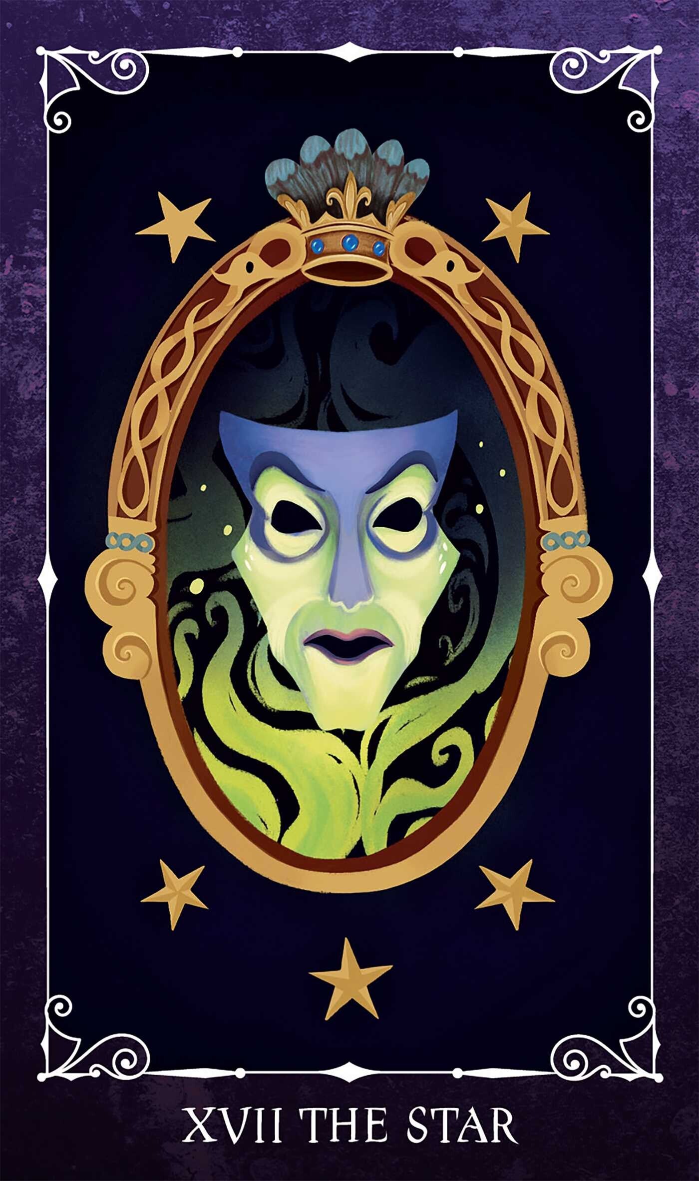 Tarot card featuring a mask with decorative frame and stars on a dark background