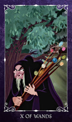 Card from a tarot deck featuring a character with wands and a tree in the background