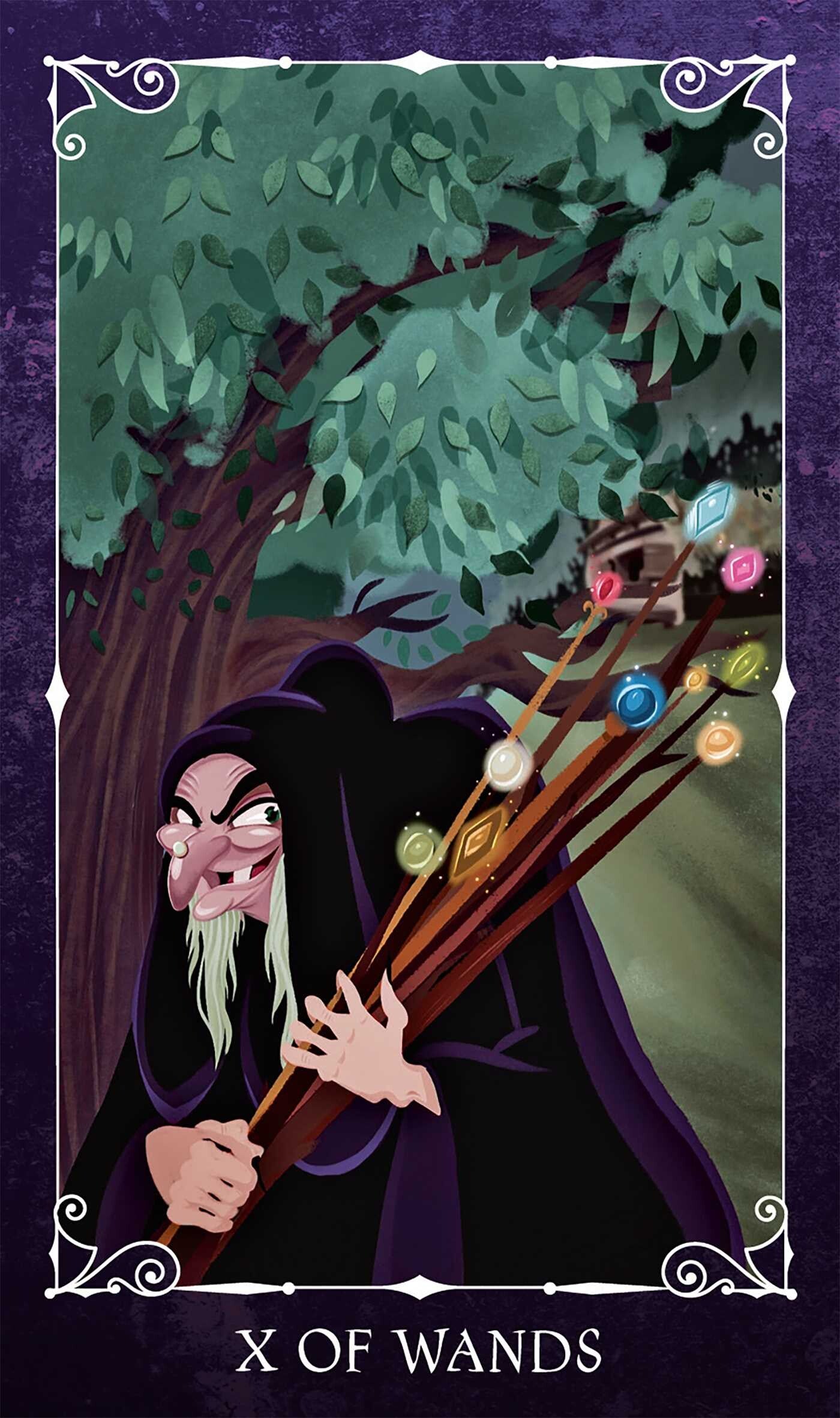 Card from a tarot deck featuring a character with wands and a tree in the background