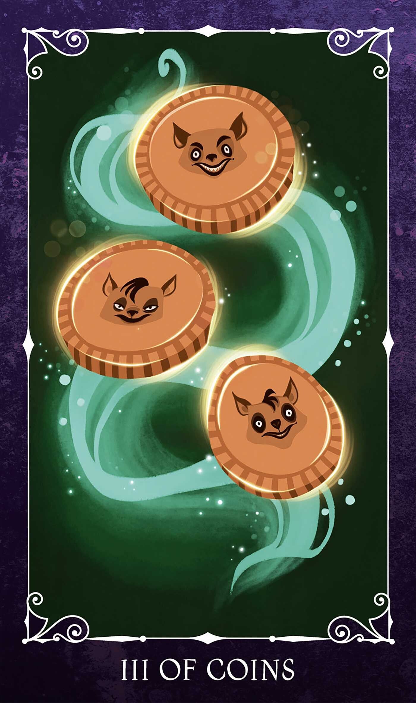 Three coins with animal faces on a dark background with decorative elements