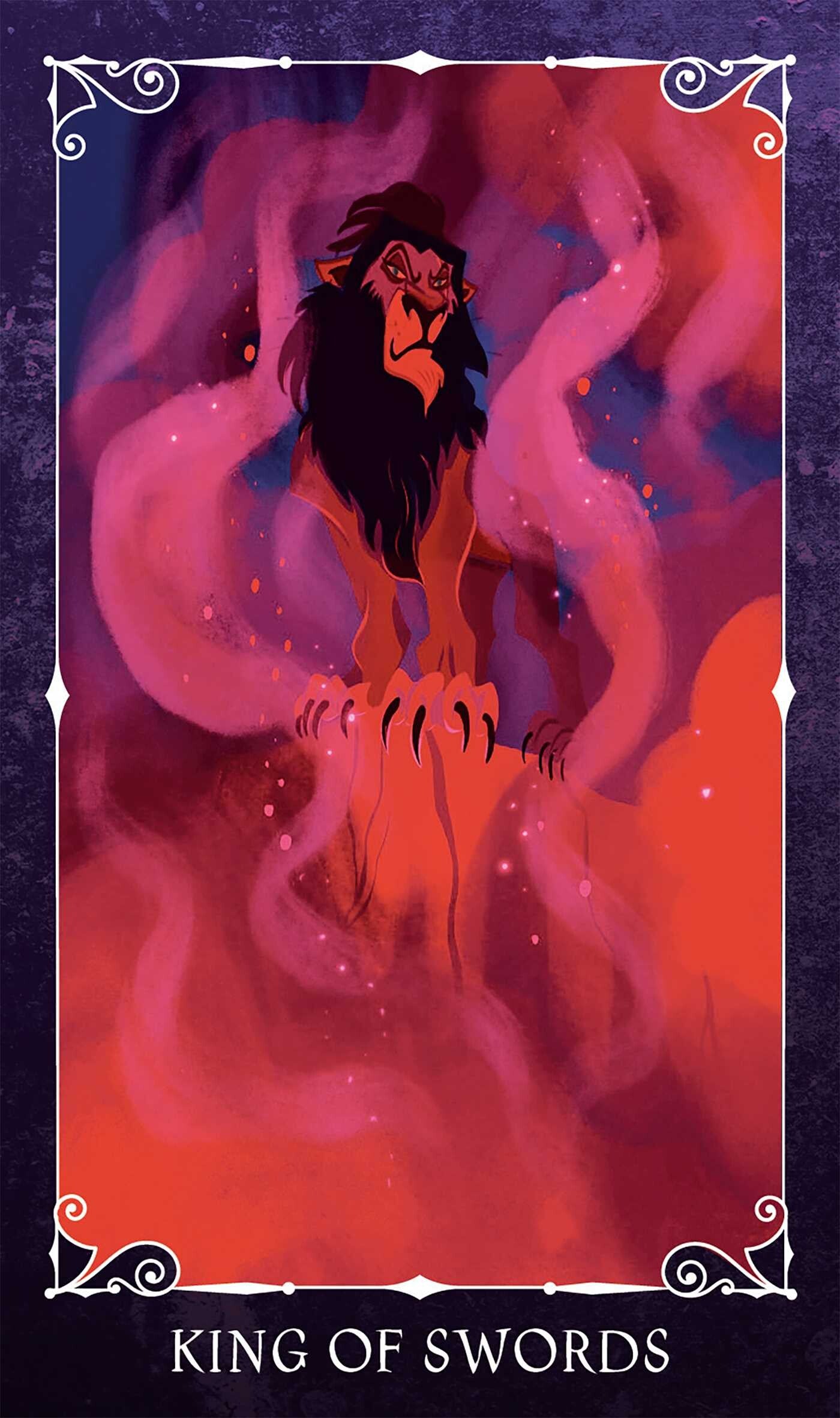 Illustration of a lion with flames, titled 'King of Swords', on a dark background.