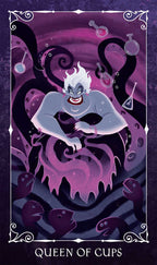 Cartoon character with a mystical creature on a purple background, labeled 'Queen of Cups'.