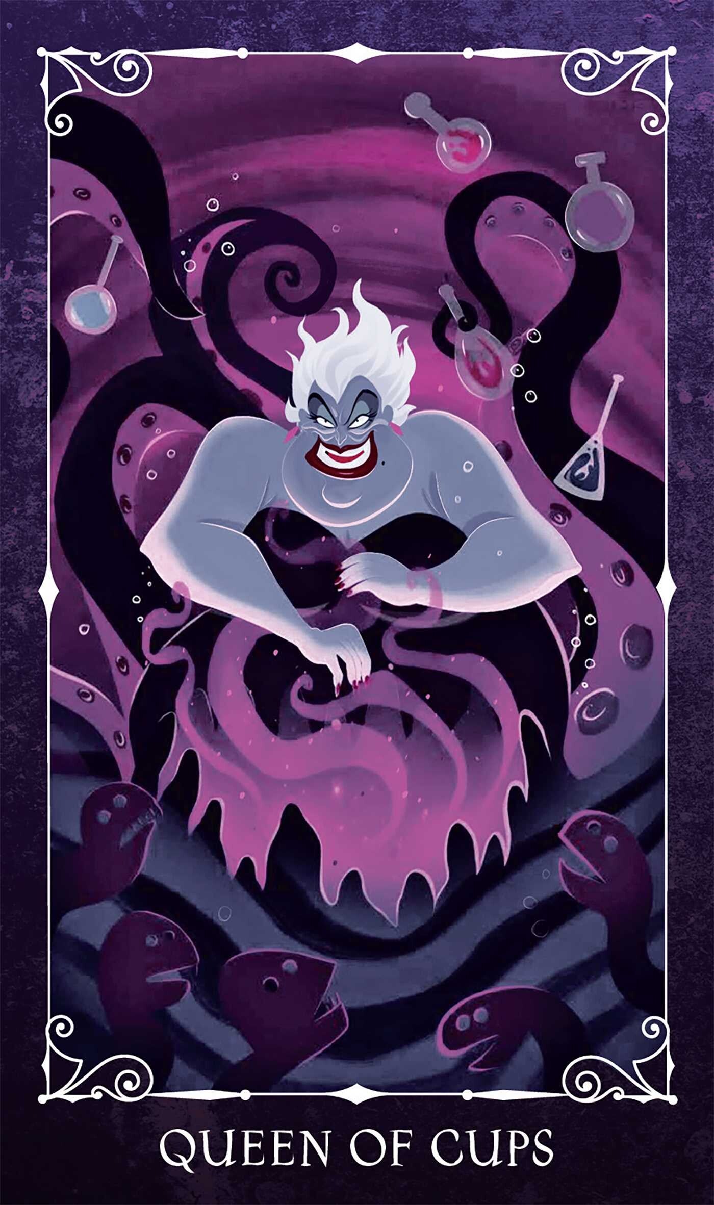 Cartoon character with a mystical creature on a purple background, labeled 'Queen of Cups'.
