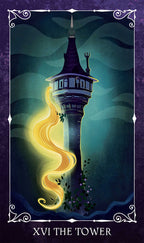 Tarot card featuring a tower with a flowing yellow ribbon against a dark background