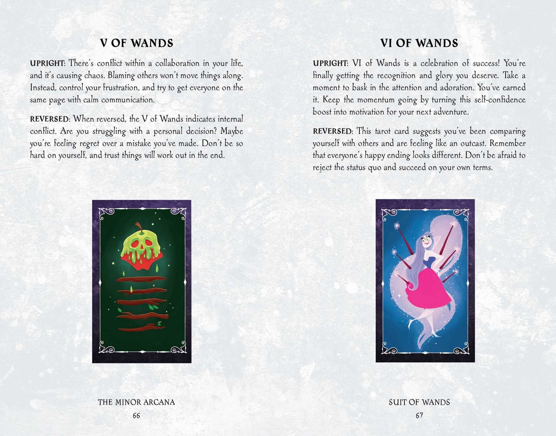 Two tarot card illustrations with descriptions on a textured white background