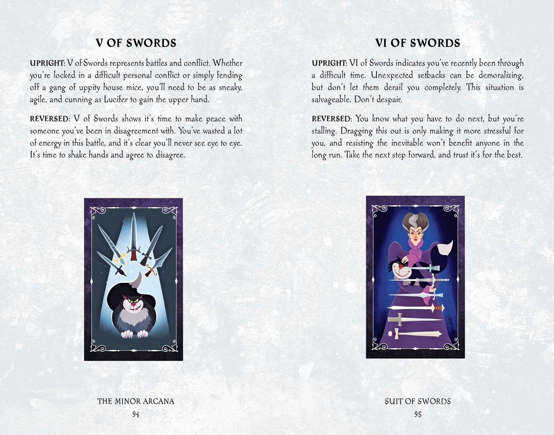 Card from a tarot deck with text and illustrations on a white background