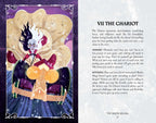 Illustration of 'The Chariot' from a tarot card deck with text on a purple background.