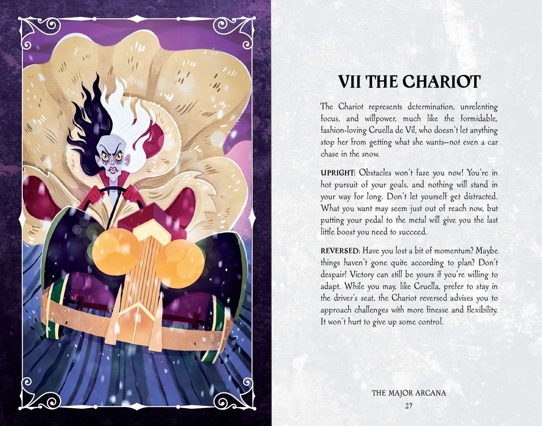 Illustration of 'The Chariot' from a tarot card deck with text on a purple background.