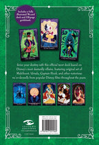 Back cover of a tarot card set with Disney villains featuring illustrations and text on a green background.