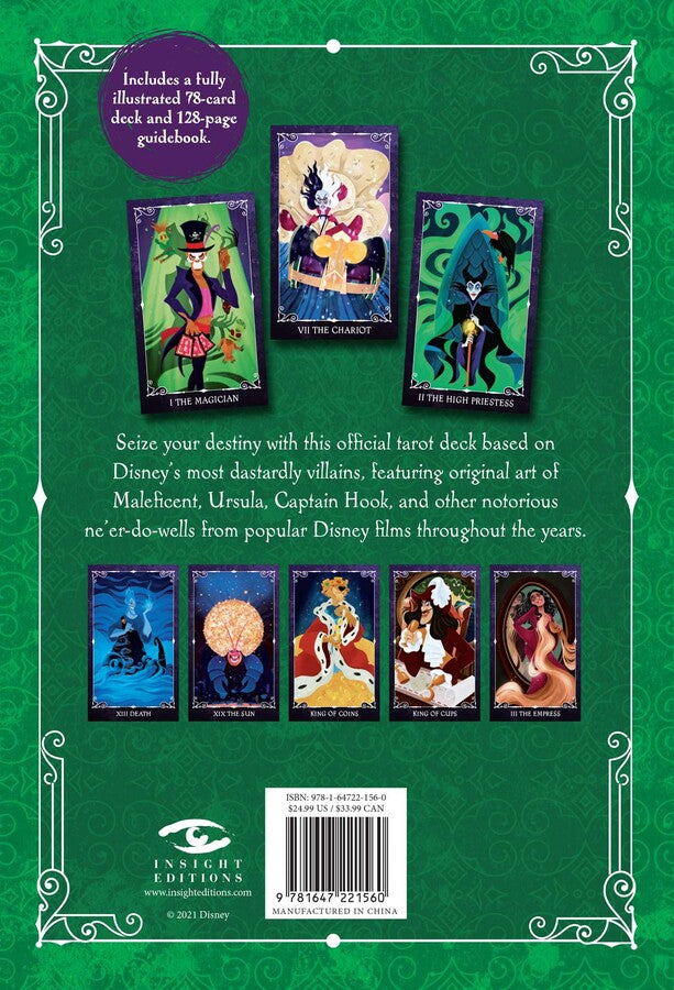 Back cover of a tarot card set with Disney villains featuring illustrations and text on a green background.