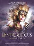 Book cover of 'Divine Circus Oracle Cards' featuring a woman in a mask with a mystical background.