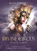 Book cover of 'Divine Circus Oracle Cards' featuring a woman in a mask with a mystical background.