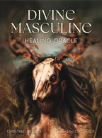 Book cover of 'Divine Masculine Healing Oracle' with a person wearing antlers and long hair.