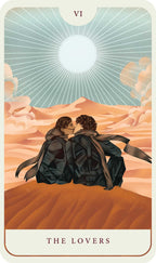 Tarot card titled 'The Lovers' with two people sitting on a hill under a bright sun.