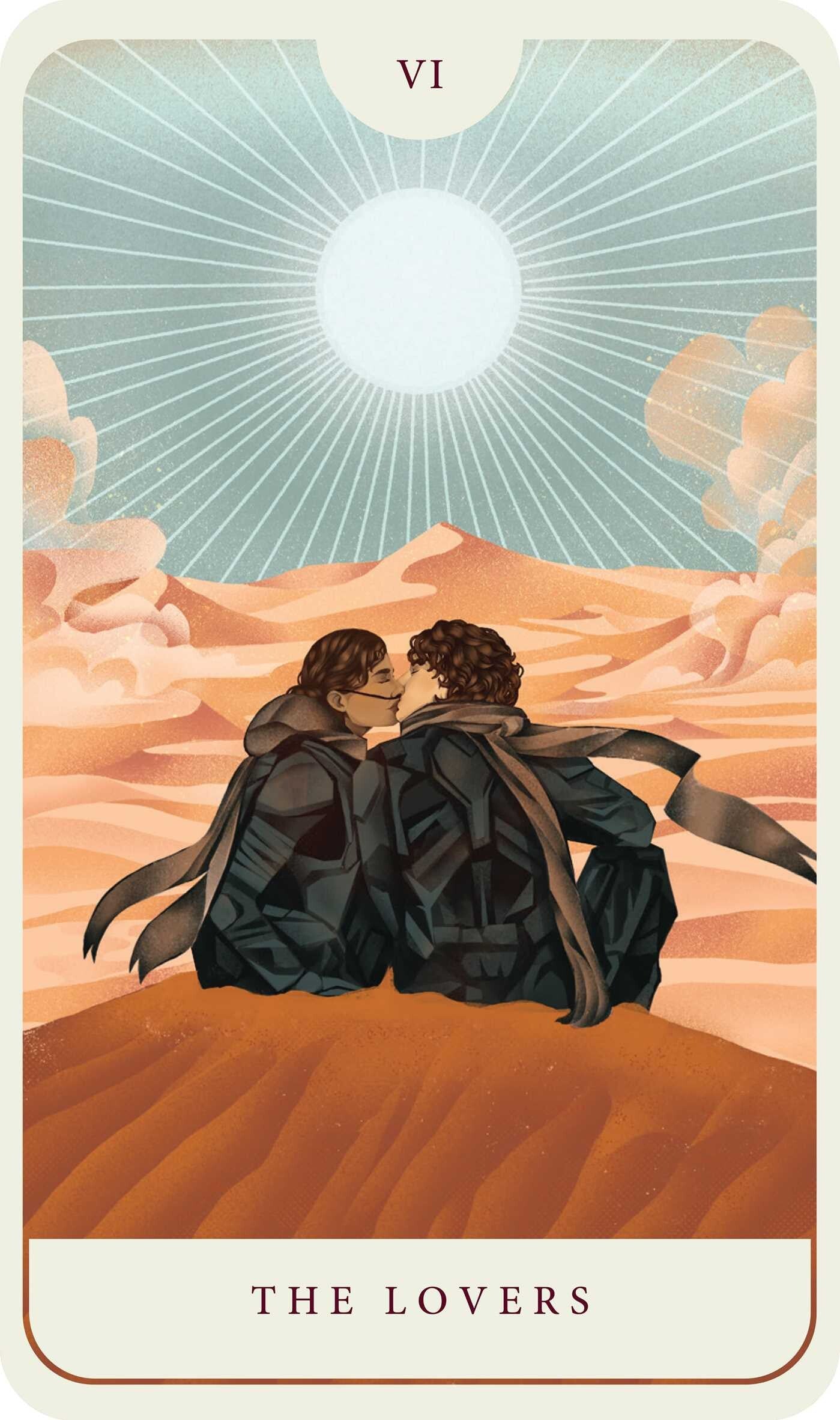 Tarot card titled 'The Lovers' with two people sitting on a hill under a bright sun.