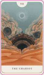 Tarot card titled 'The Chariot' with a stylized landscape and cloud-like formations.