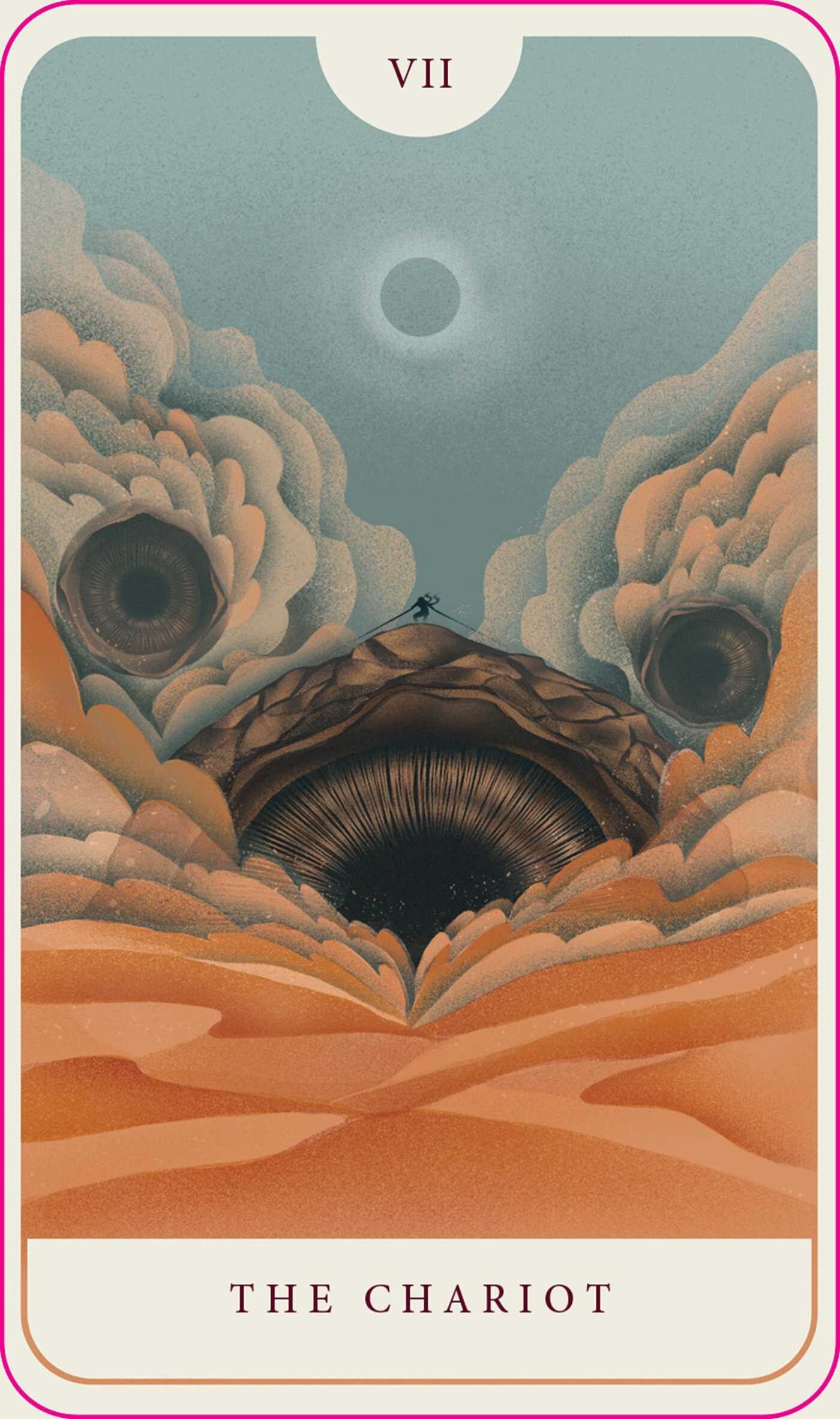 Tarot card titled 'The Chariot' with a stylized landscape and cloud-like formations.