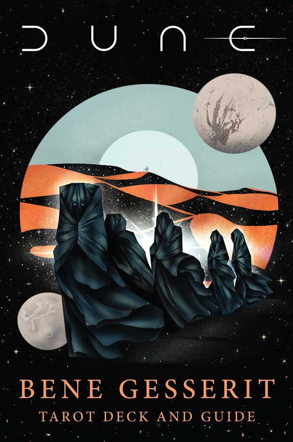 Book cover of 'Dune' featuring desert landscape with mountains and moons.