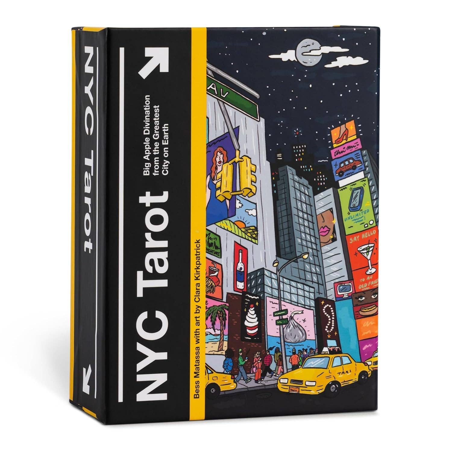NYC Tarot card deck packaging with colorful cityscape illustration on a white background