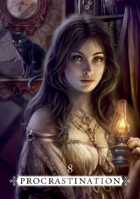 Illustration of a woman holding a lantern with a black cat and clock in the background, labeled 'Procrastination'.
