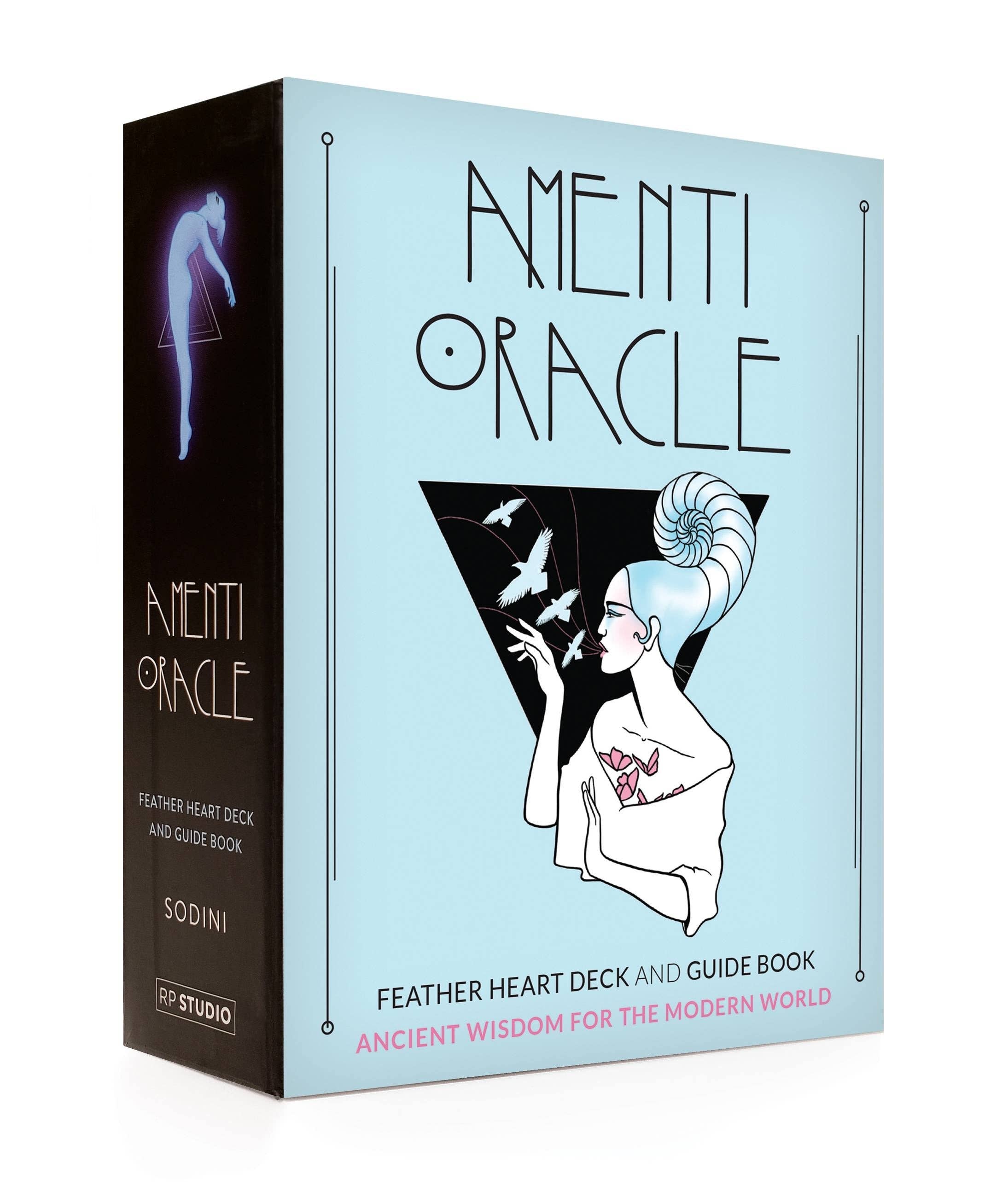 Amenti Oracle packaging with illustrations and text on a light blue background
