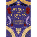 Book cover of 'Wings and Crowns' with dragons, roses, and tarot cards on a purple background.
