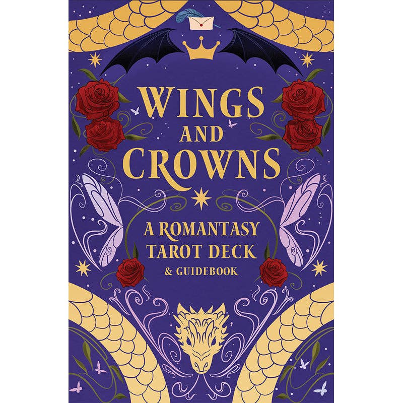 Book cover of 'Wings and Crowns' with dragons, roses, and tarot cards on a purple background.