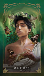 Card featuring a person with butterflies and floral headpiece, labeled 'The Fool' by Pan.