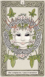 Tarot card featuring a woman with antlers and greenery, labeled 'The Goddess / Green Woman'.