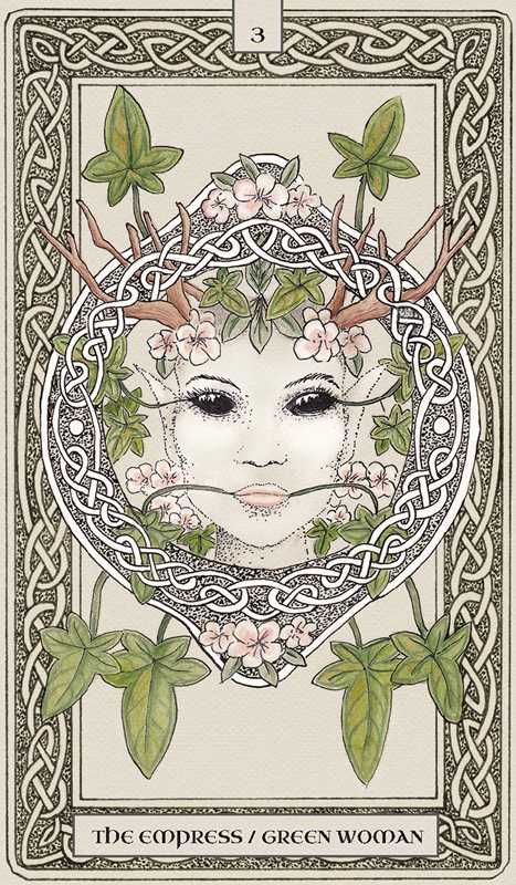 Tarot card featuring a woman with antlers and greenery, labeled 'The Goddess / Green Woman'.