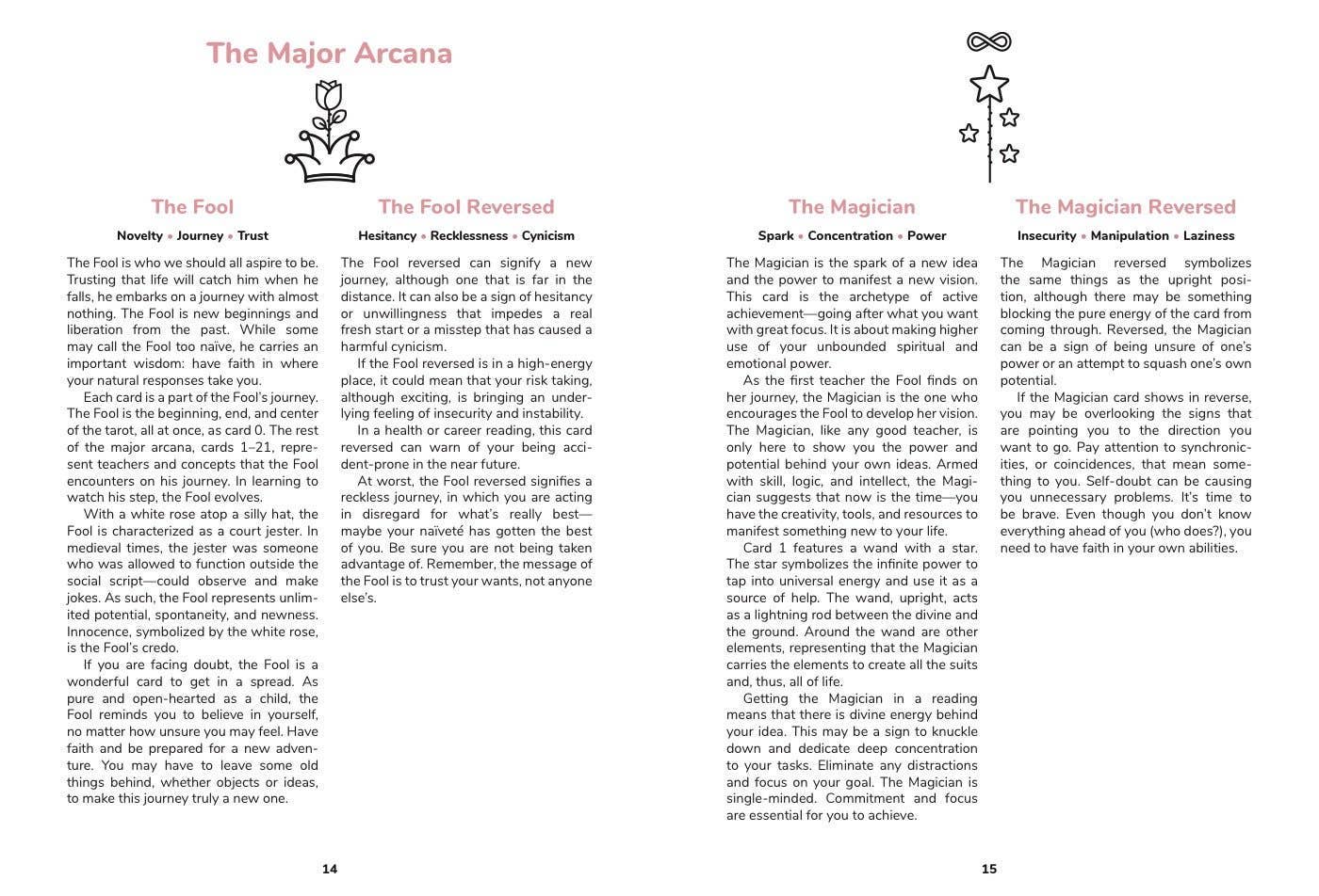 Two pages from a book or magazine featuring illustrations and text about 'The Major Arcana' with a focus on 'The Fool' and 'The Magician'.