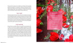 Magazine page with red roses, text, and a pink card on a dark background