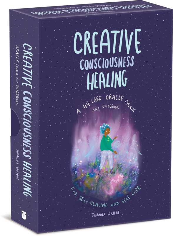 Box for 'Creative Consciousness Healing' oracle deck with a person in nature design on a dark blue background.