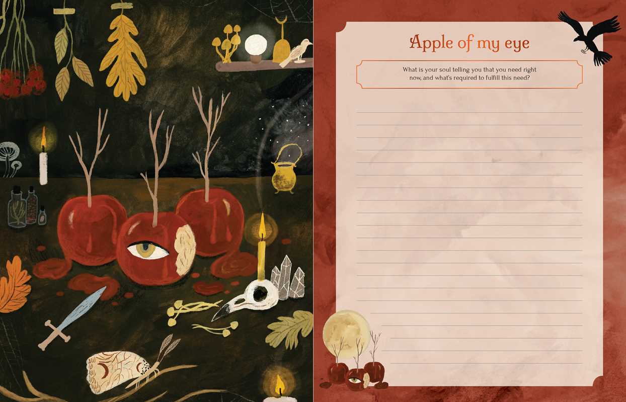 A split-page illustrated notebook or journal spread. The left page is dark and mystical, featuring red apples with bare branches, candles, leaves, a small eye motif, and other occult-style illustrations.