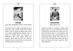 Two tarot cards with text and images on a white background