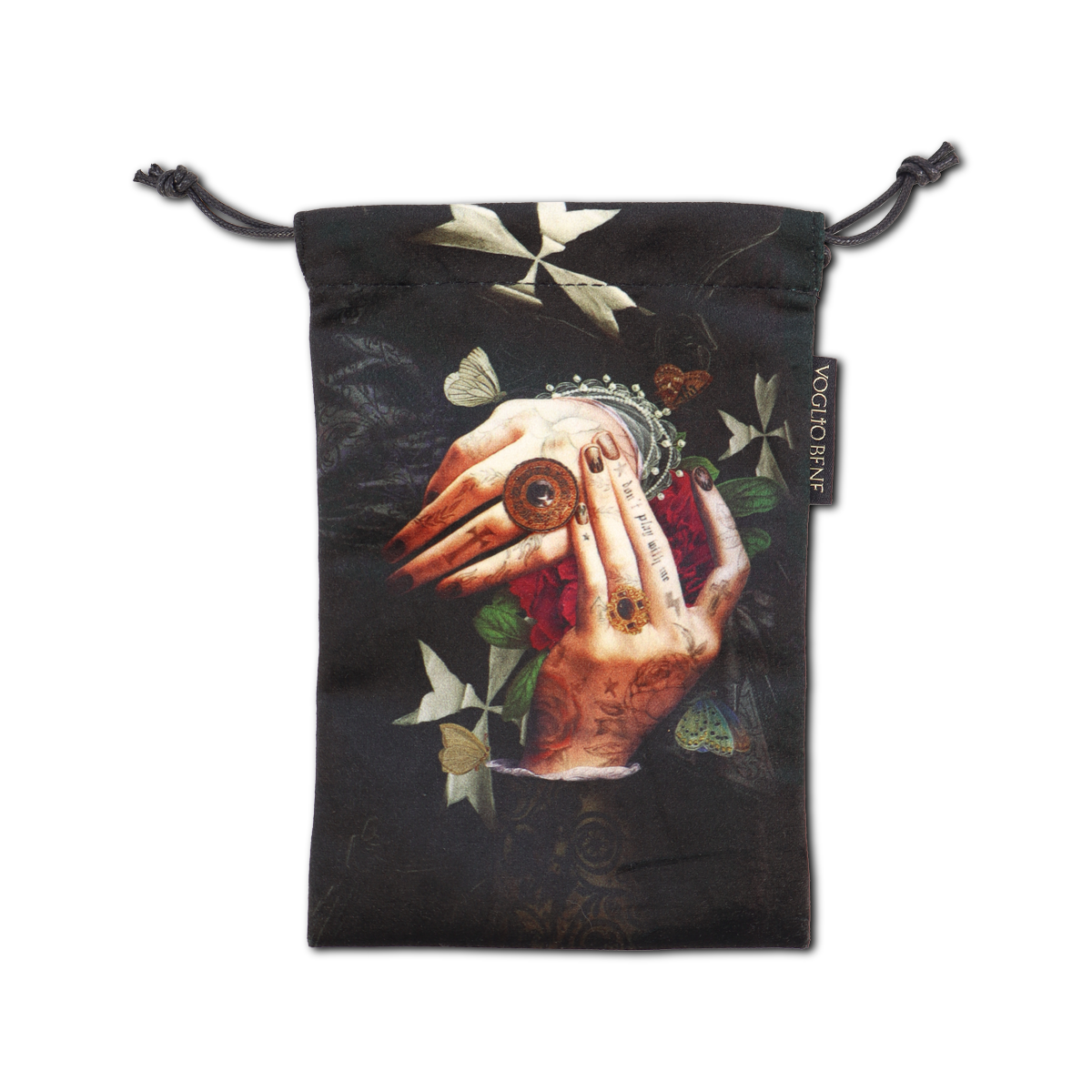 Black drawstring pouch with a design of hands holding roses and a ring on a white background