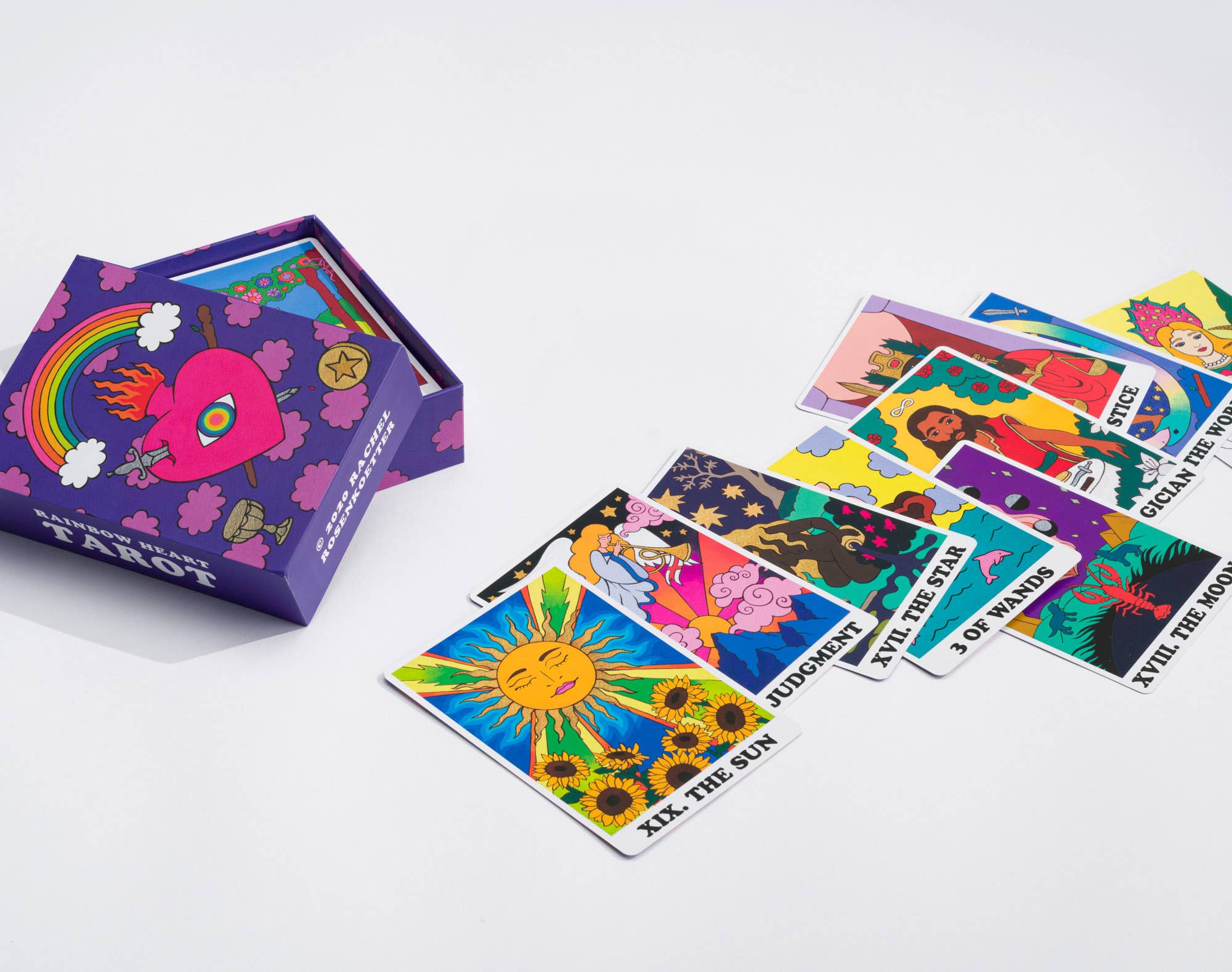 Colorful tarot cards with a purple box on a white background