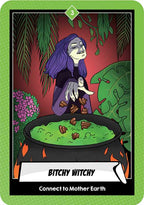 Card featuring a stylized witch with purple hair in a garden setting, labeled 'Bitchy Witchy'.