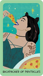 Illustration of a person with tattoos and a pizza, labeled 'Backpacker of Pentacles'.