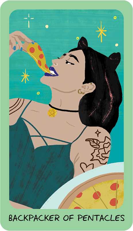 Illustration of a person with tattoos and a pizza, labeled 'Backpacker of Pentacles'.