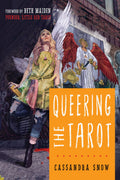 Book cover of 'Queering the Tarot' with illustrated angel figures and a person holding a book.