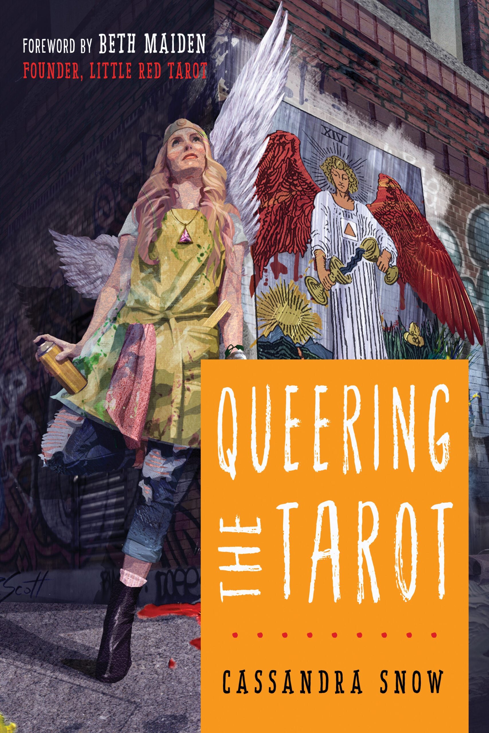 Book cover of 'Queering the Tarot' with illustrated angel figures and a person holding a book.