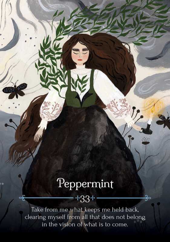 Illustration of a woman in a dark dress with plants, surrounded by nature elements.