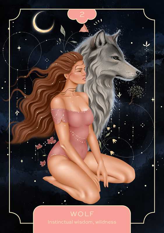 Illustration of a woman with a wolf on a dark background with celestial elements.