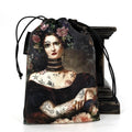 Drawstring bag with a design of a woman with tattoos and flowers on a white background
