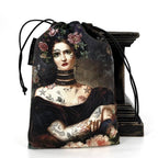 Drawstring bag with a design of a woman with tattoos and flowers on a white background