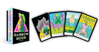 Set of tarot cards with colorful illustrations and 'Rainbow Moon Tarot' packaging.