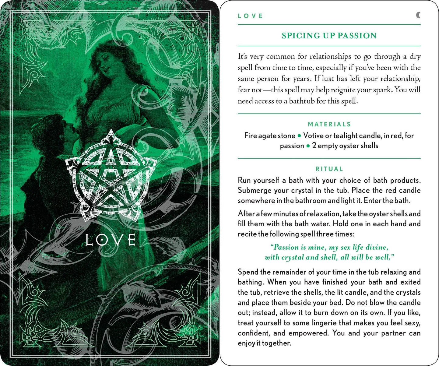 Magical spell card titled 'Spicing Up Passion' with green background and intricate designs.