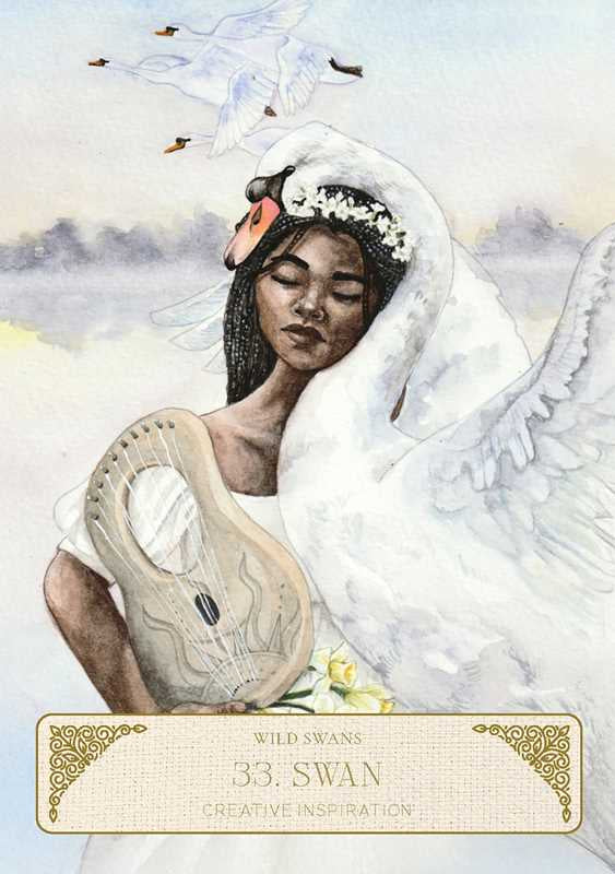 Illustration of a woman in a white dress with a swan, surrounded by nature elements.