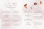 Calendar of full moons with moon phases and descriptive text on a light background